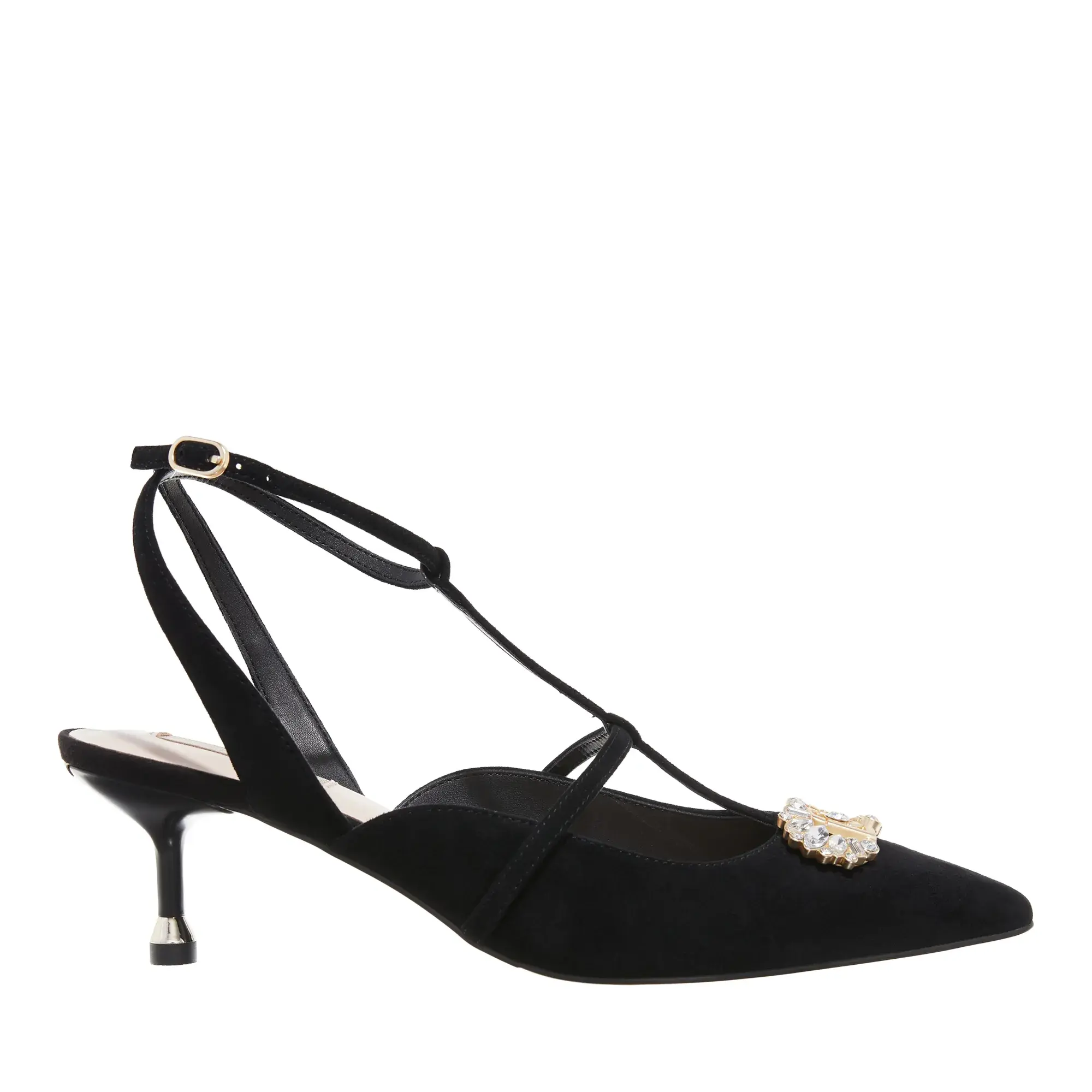 Kitten Heels mit Strass und T-Riemen