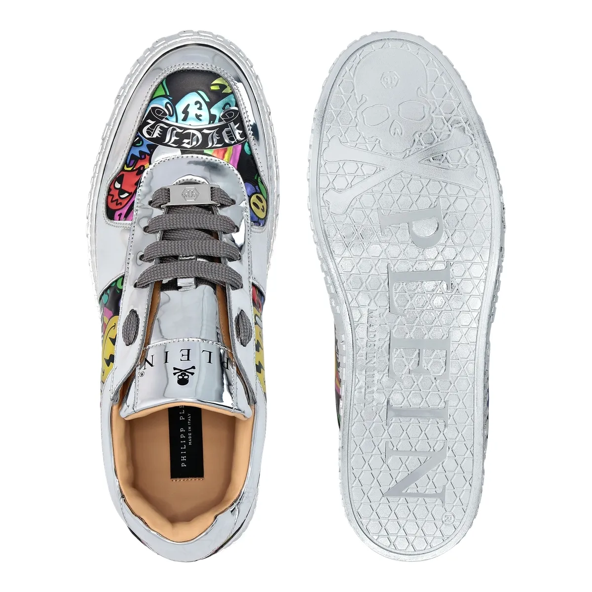 Metallic Low-Top-Sneakers mit Grafikdruck