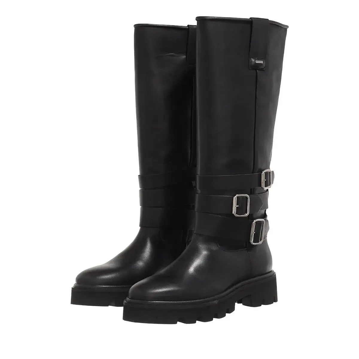 Schwarze Kniehohe Biker Stiefel mit Schnallen