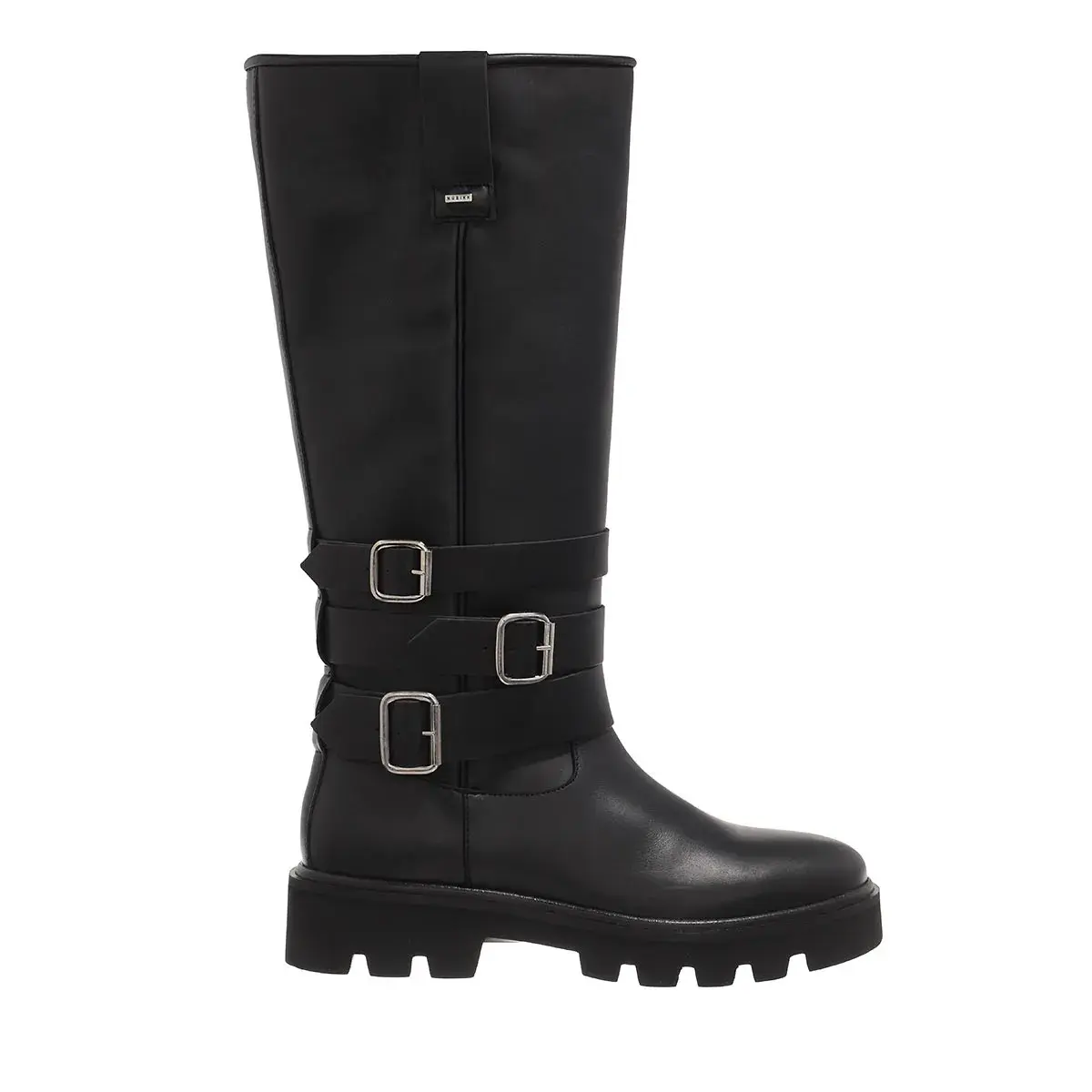 Schwarze Kniehohe Biker Stiefel mit Schnallen