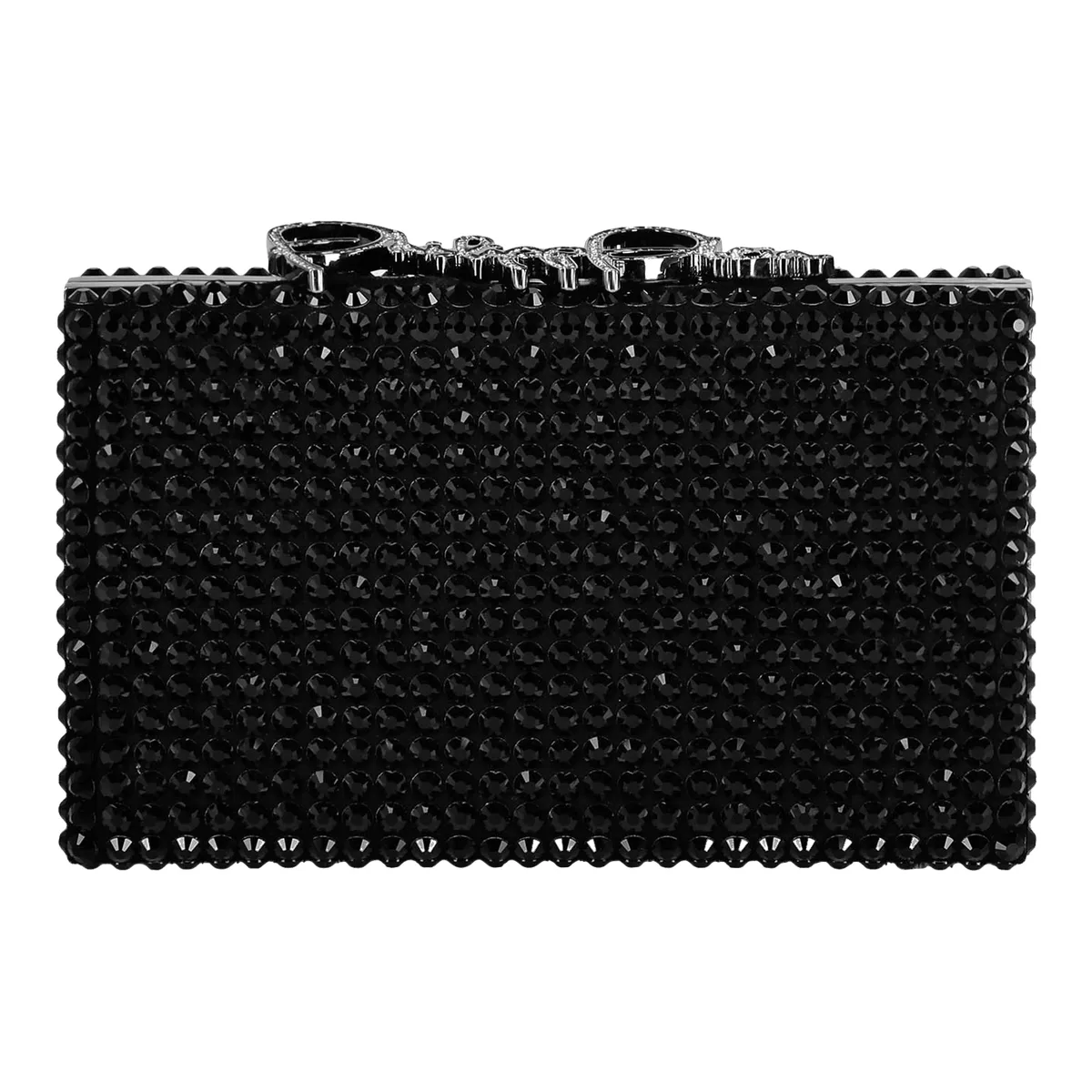Schwarze Clutch-Tasche mit Schmucksteinen und Kette