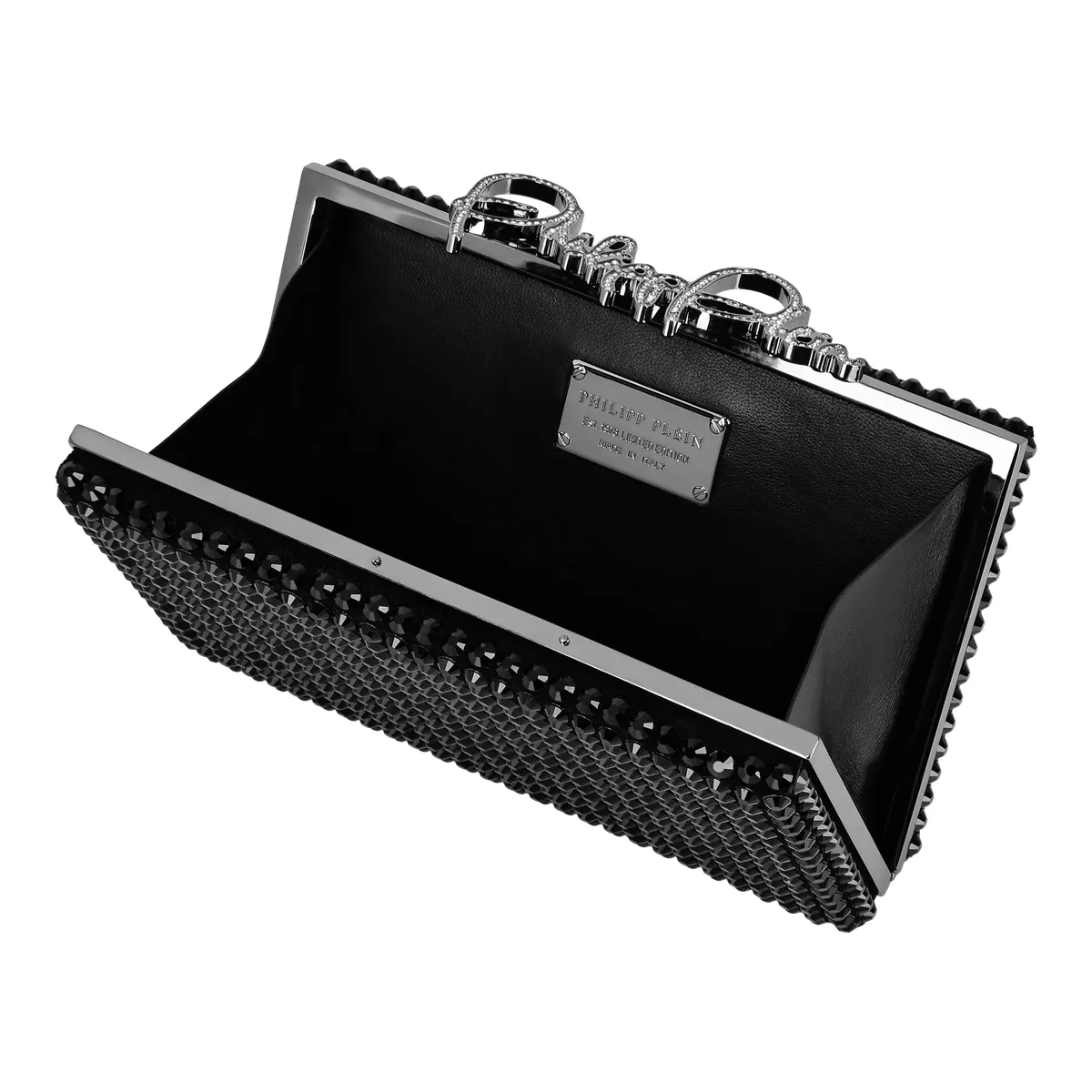 Schwarze Clutch-Tasche mit Schmucksteinen und Kette