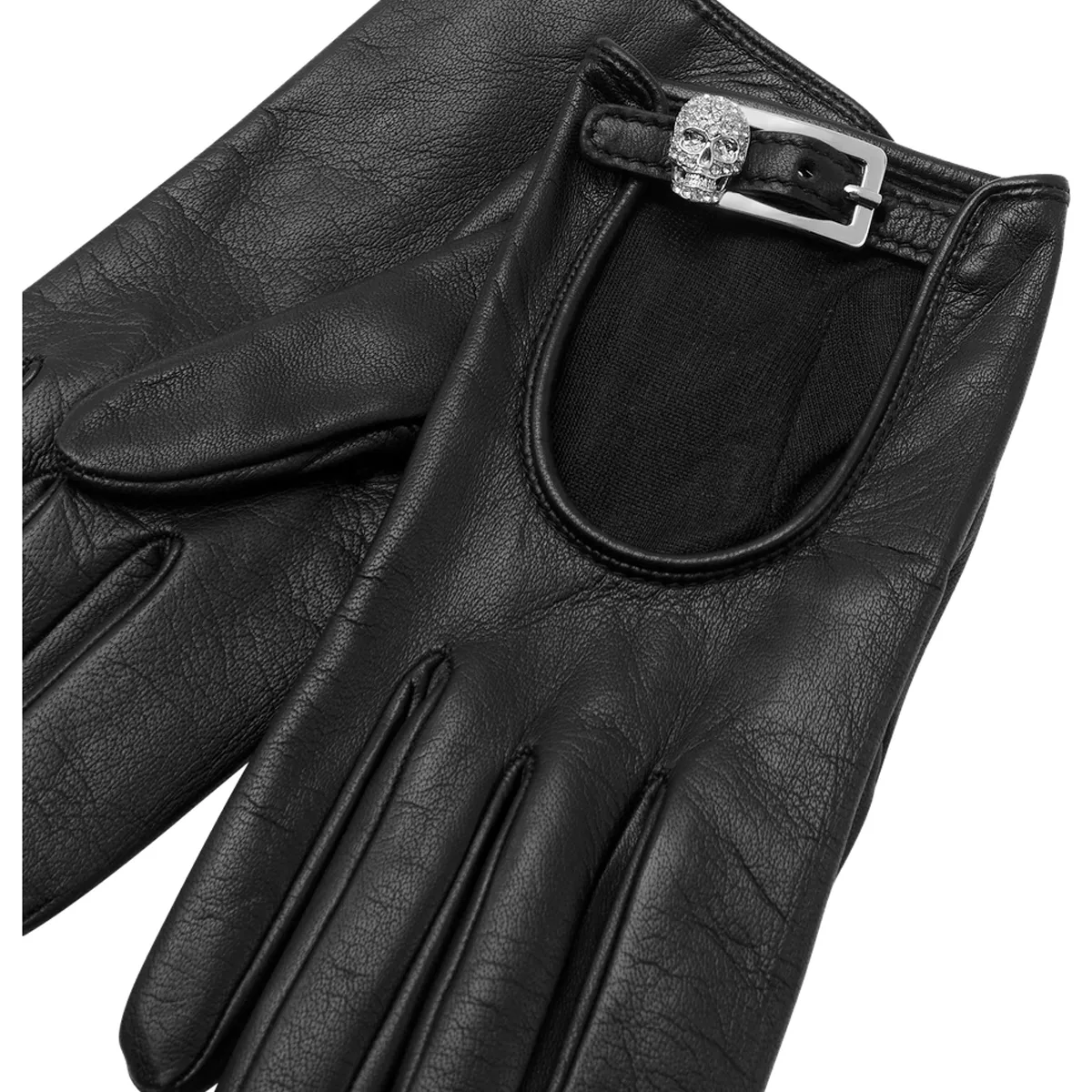 Schwarze Lederhandschuhe mit Totenkopfschnalle