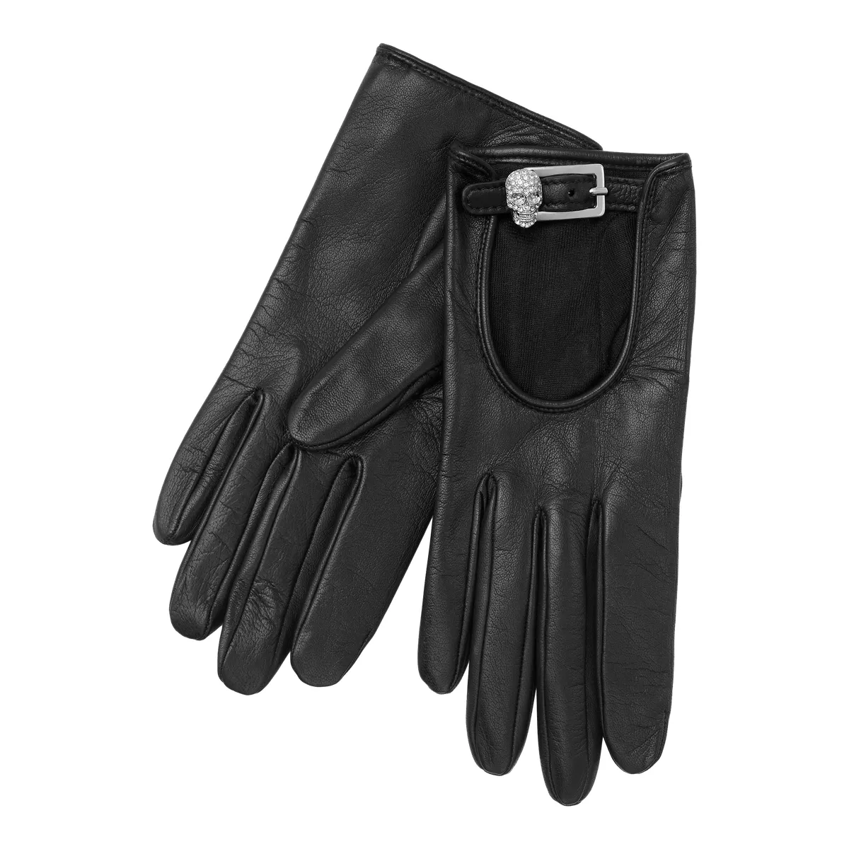Schwarze Lederhandschuhe mit Totenkopfschnalle