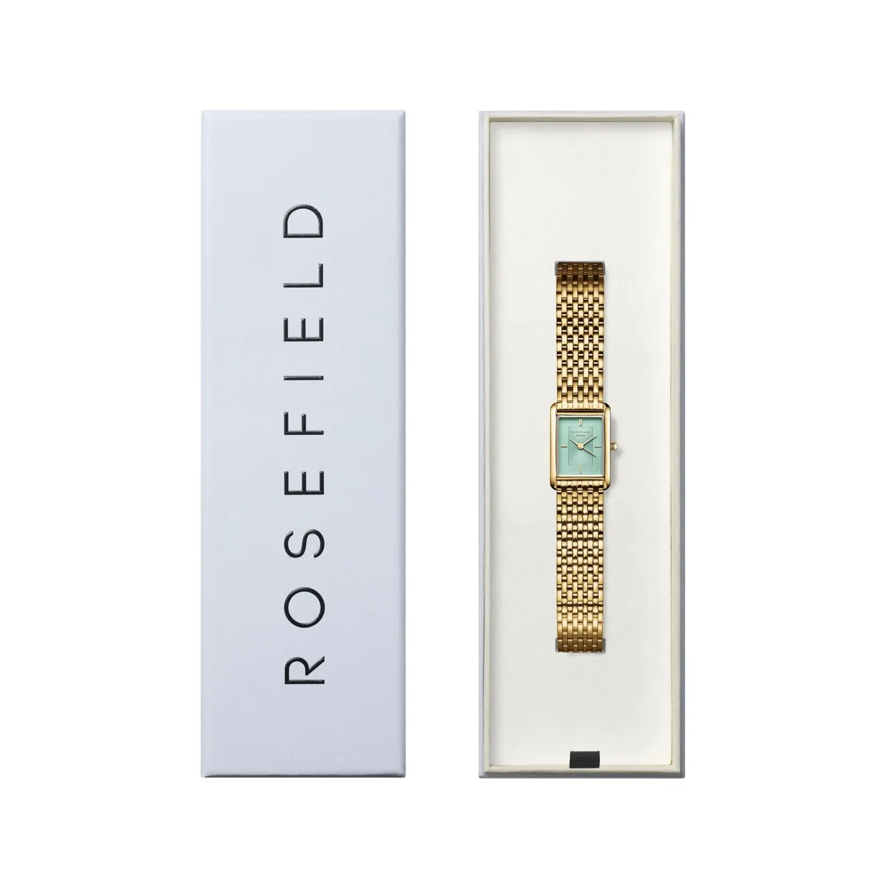 Rechteckige goldfarbene Armbanduhr