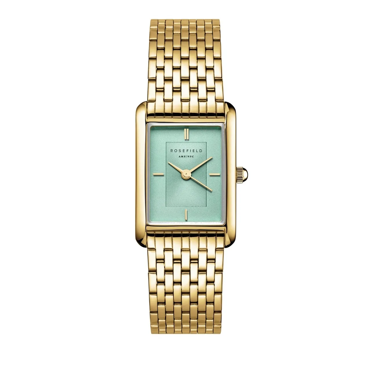 Rechteckige goldfarbene Armbanduhr