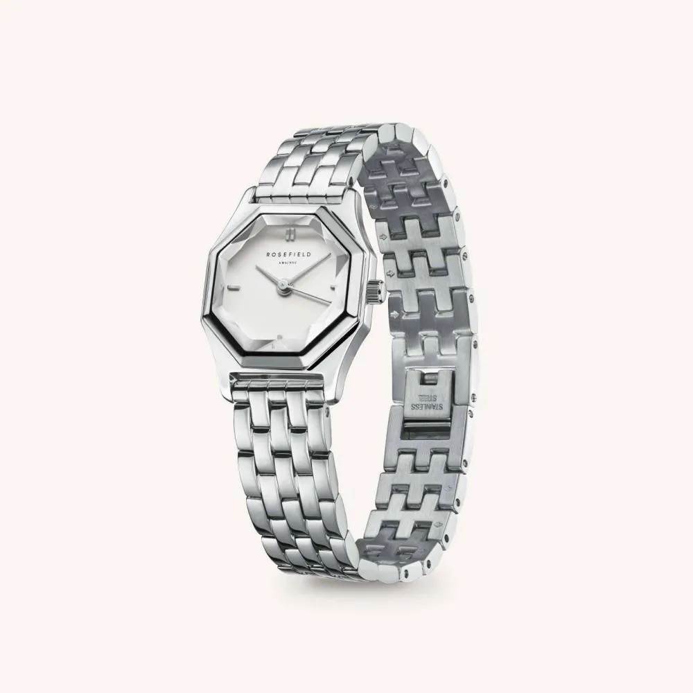 Silberfarbene Armbanduhr mit achteckigem Zifferblatt