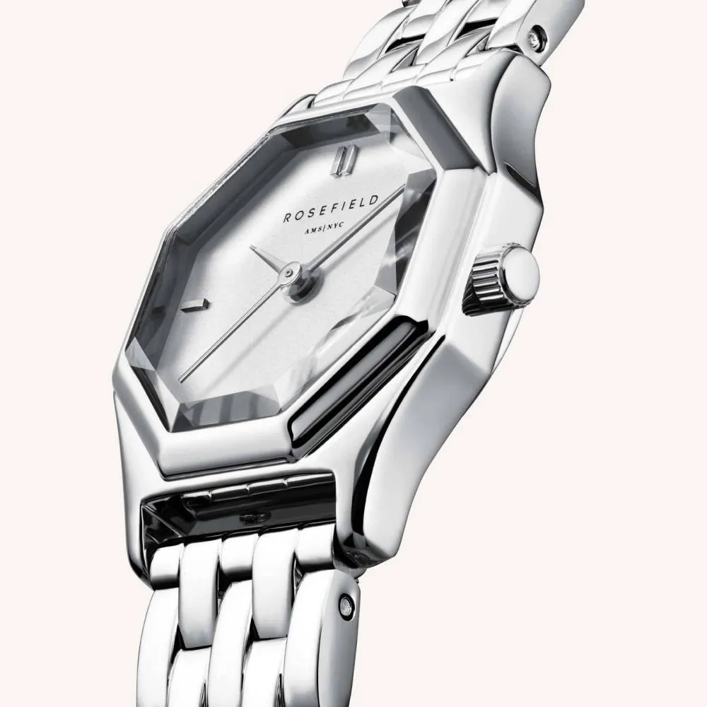 Silberfarbene Armbanduhr mit achteckigem Zifferblatt