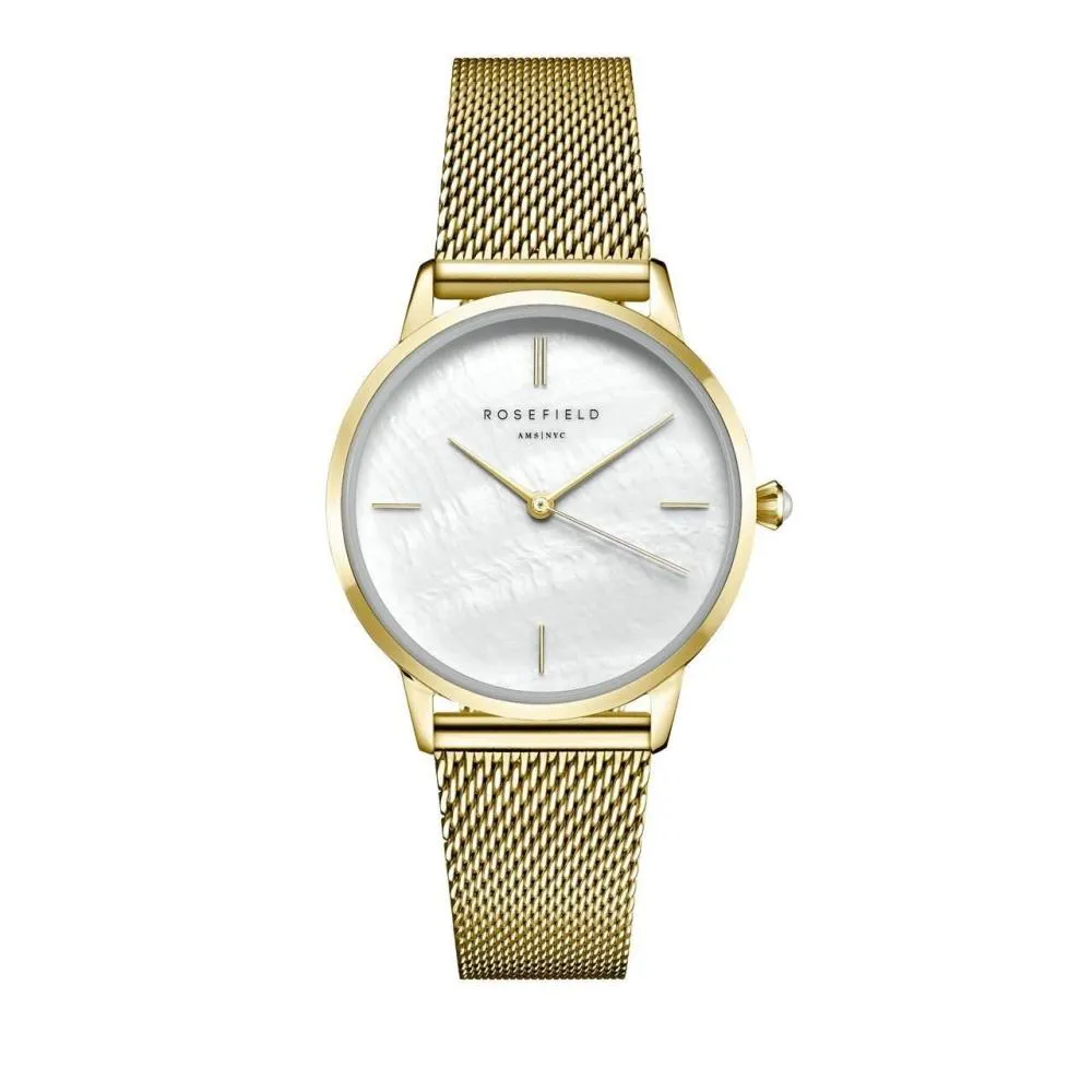 Goldfarbene Mesh-Uhr mit Perlmuttzifferblatt