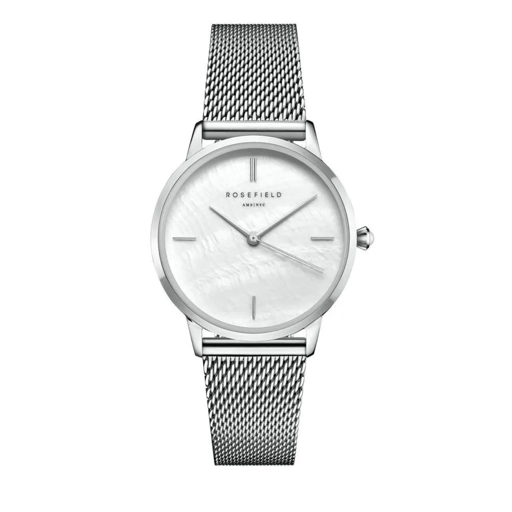 Silberne Mesh-Uhr mit Perlmutt-Zifferblatt