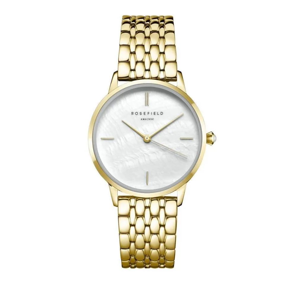 Goldfarbene Uhr mit Perlmuttzifferblatt