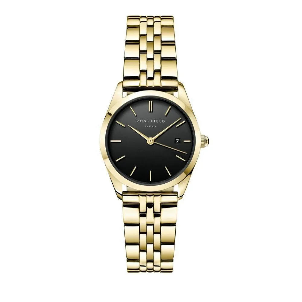 Klassische goldfarbene Armbanduhr mit schwarzem Zifferblatt
