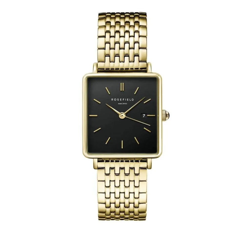 Quadratische Uhr mit schwarzem Zifferblatt und goldenem Armband