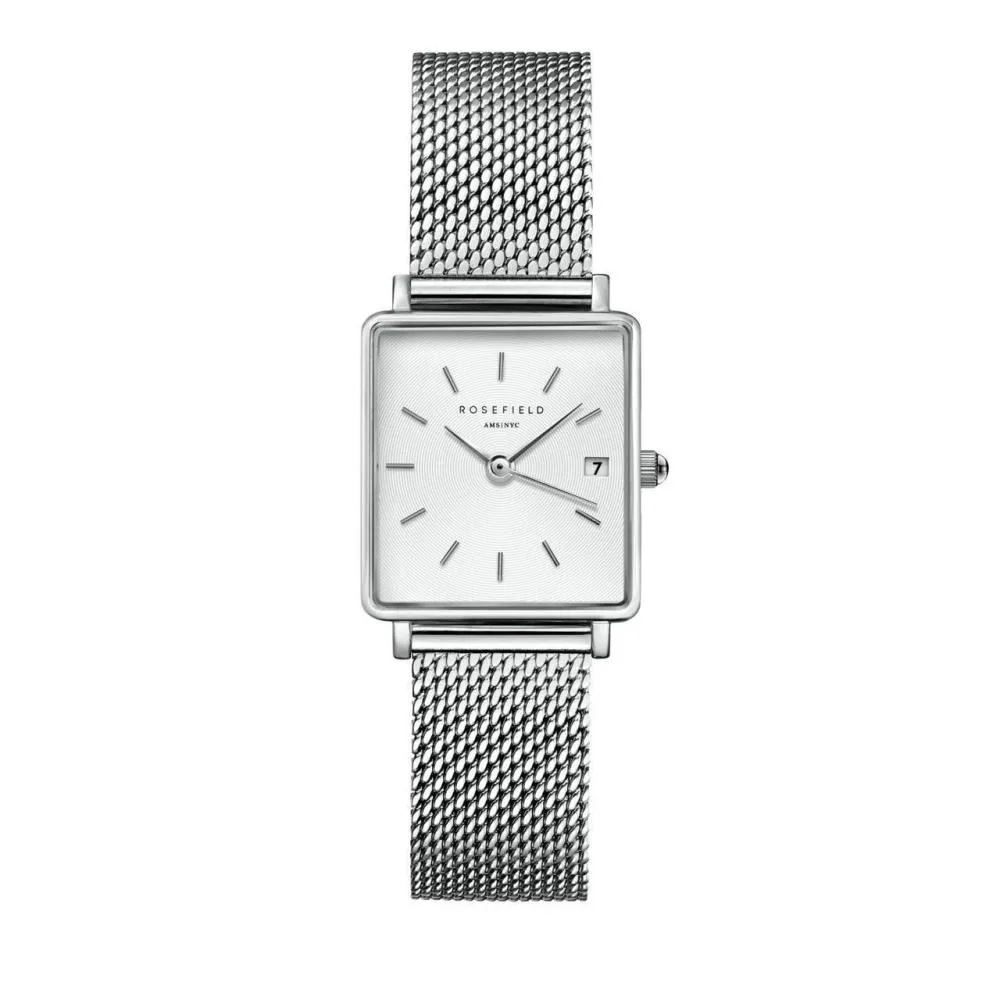 Silberne Mesh-Uhr mit quadratischem Zifferblatt