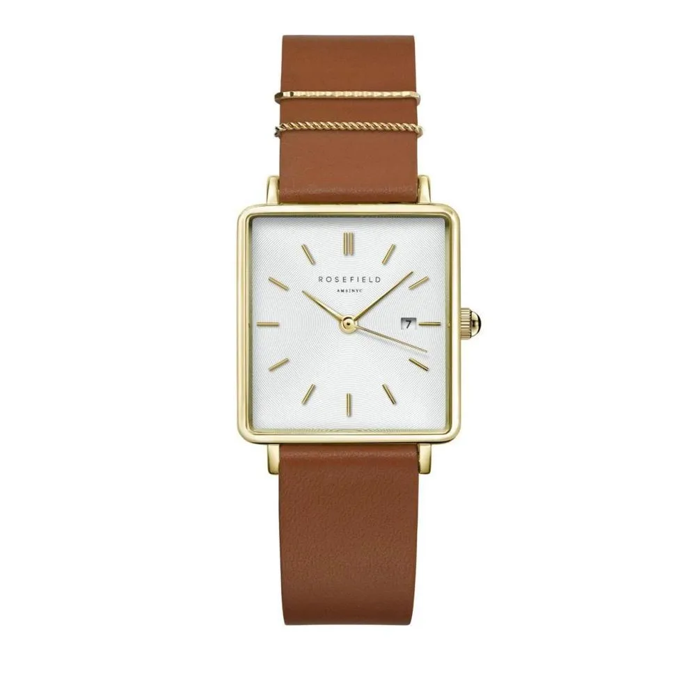 Eckige, goldfarbene Uhr mit braunem Armband