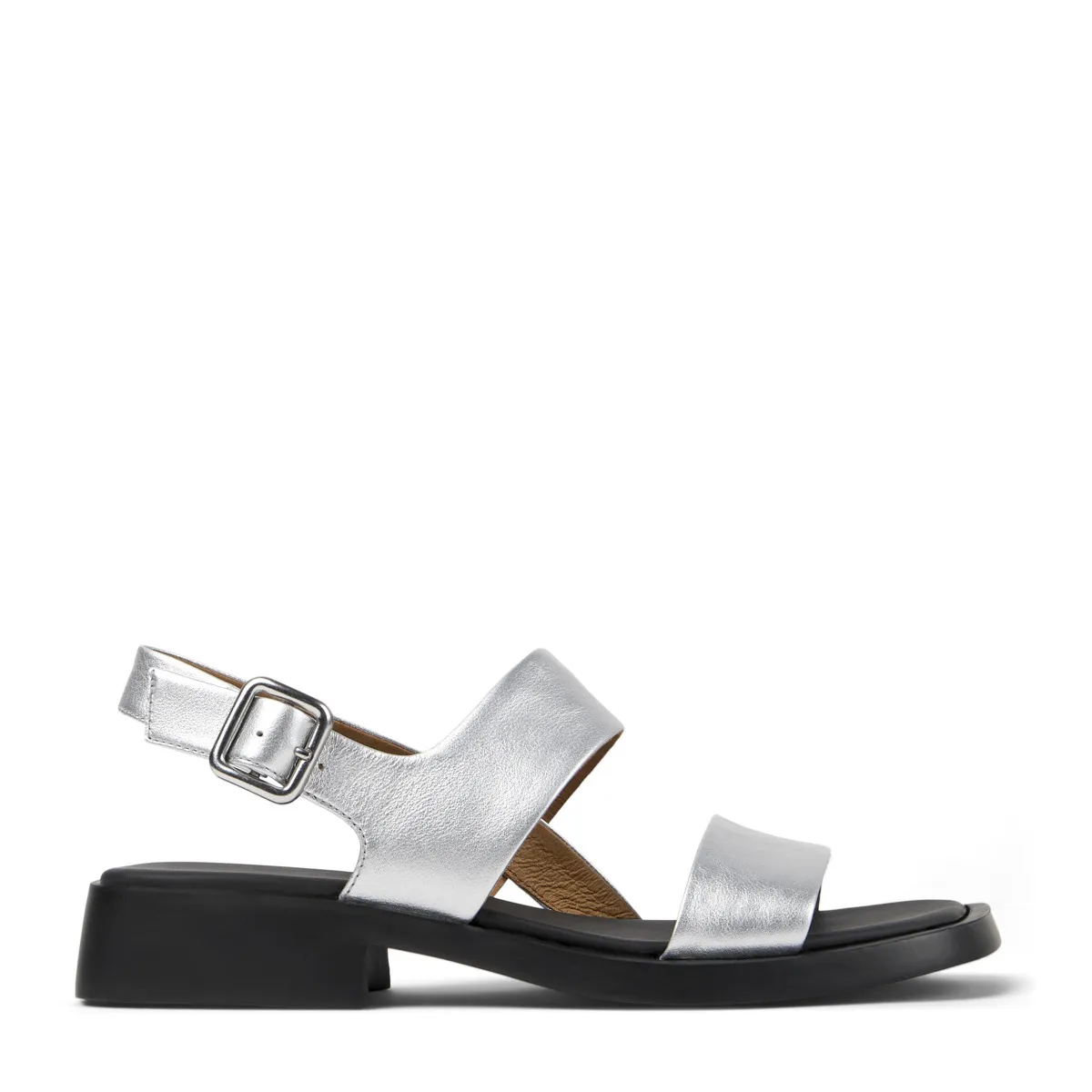 Silberne Leder Sandalen mit zwei Riemen und Blockabsatz