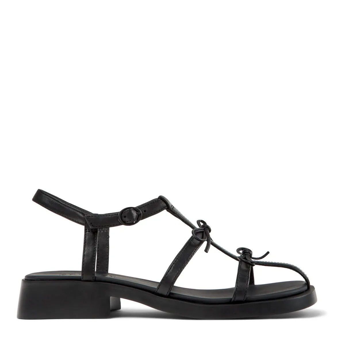 Schwarze T-Riemen-Sandalen aus Leder mit Schleifen