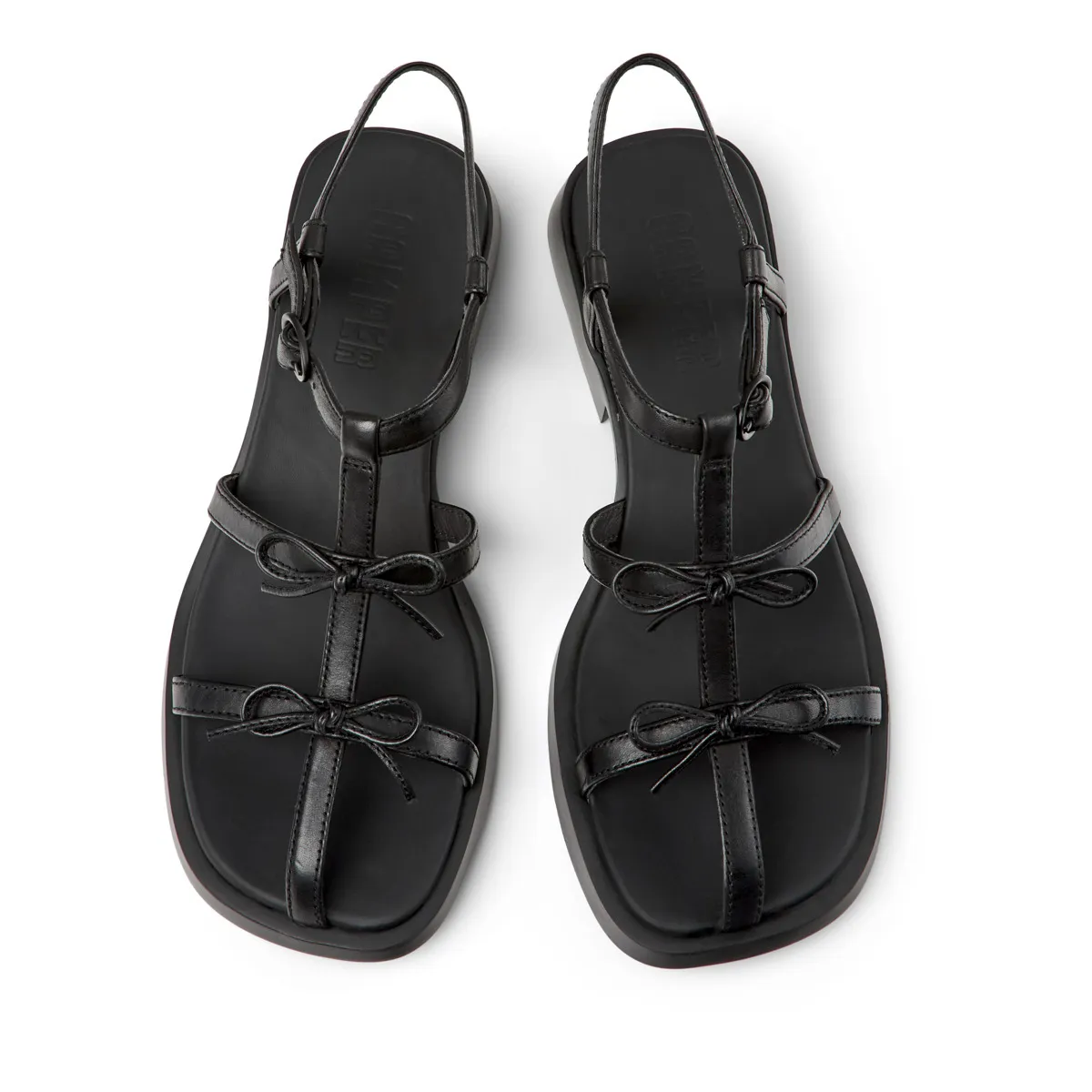 Schwarze T-Riemen-Sandalen aus Leder mit Schleifen