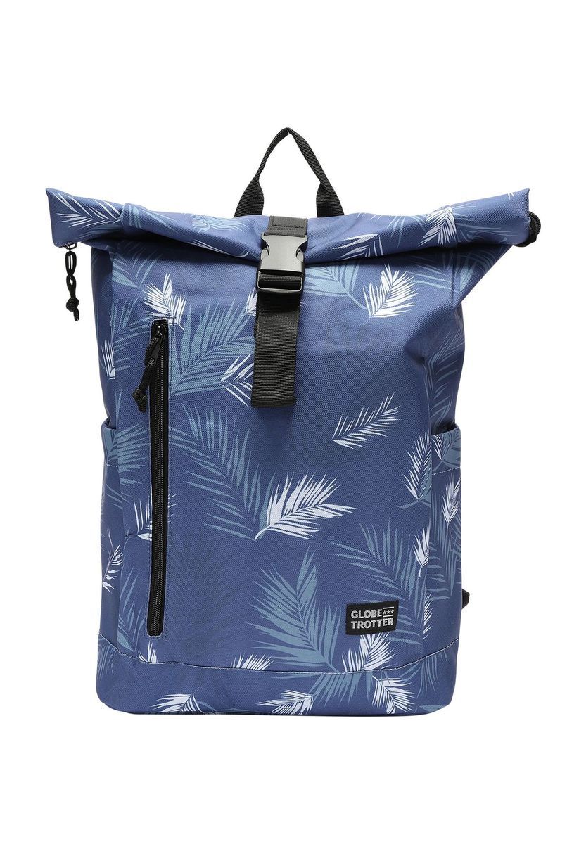 Blauer Roll-Top Kurierrucksack mit Blattmuster
