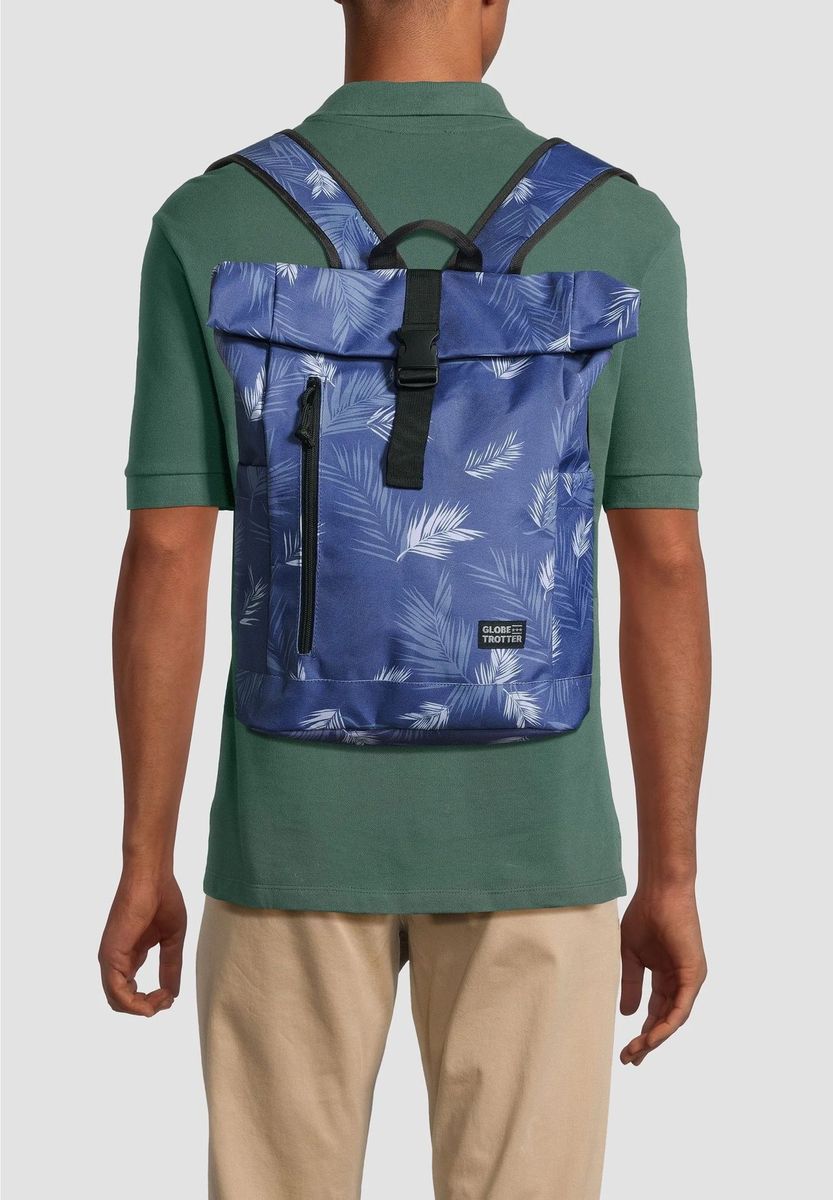 Blauer Roll-Top Kurierrucksack mit Blattmuster