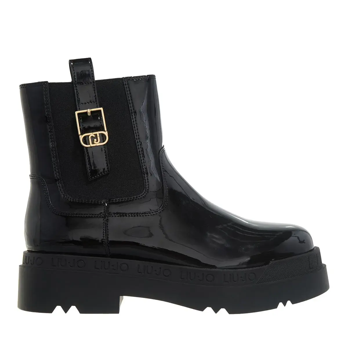Schwarze Plateaustiefel aus Lackleder