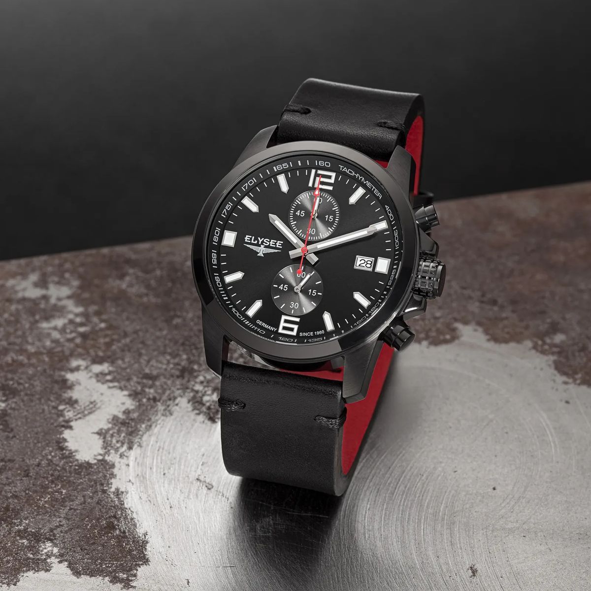 Schwarze Herren-Chronograph-Uhr mit Lederarmband