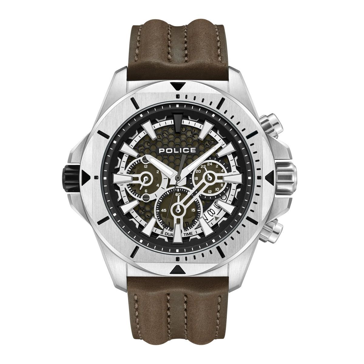 Multifunktionale Silberfarbene Uhr mit Lederarmband