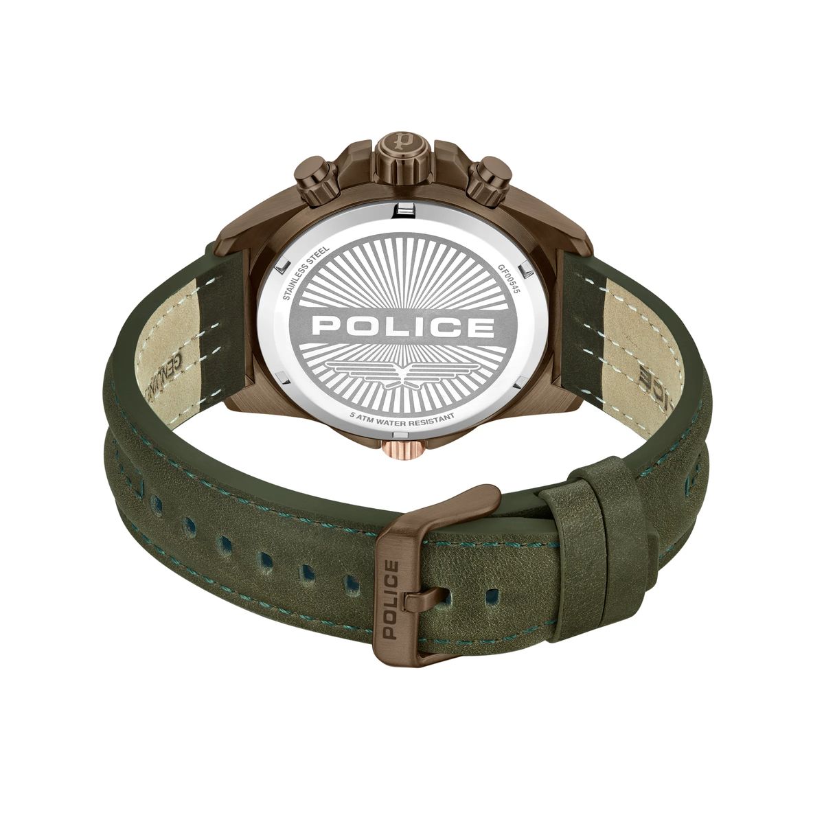 Braune Multifunktionsuhr mit grünem Lederarmband