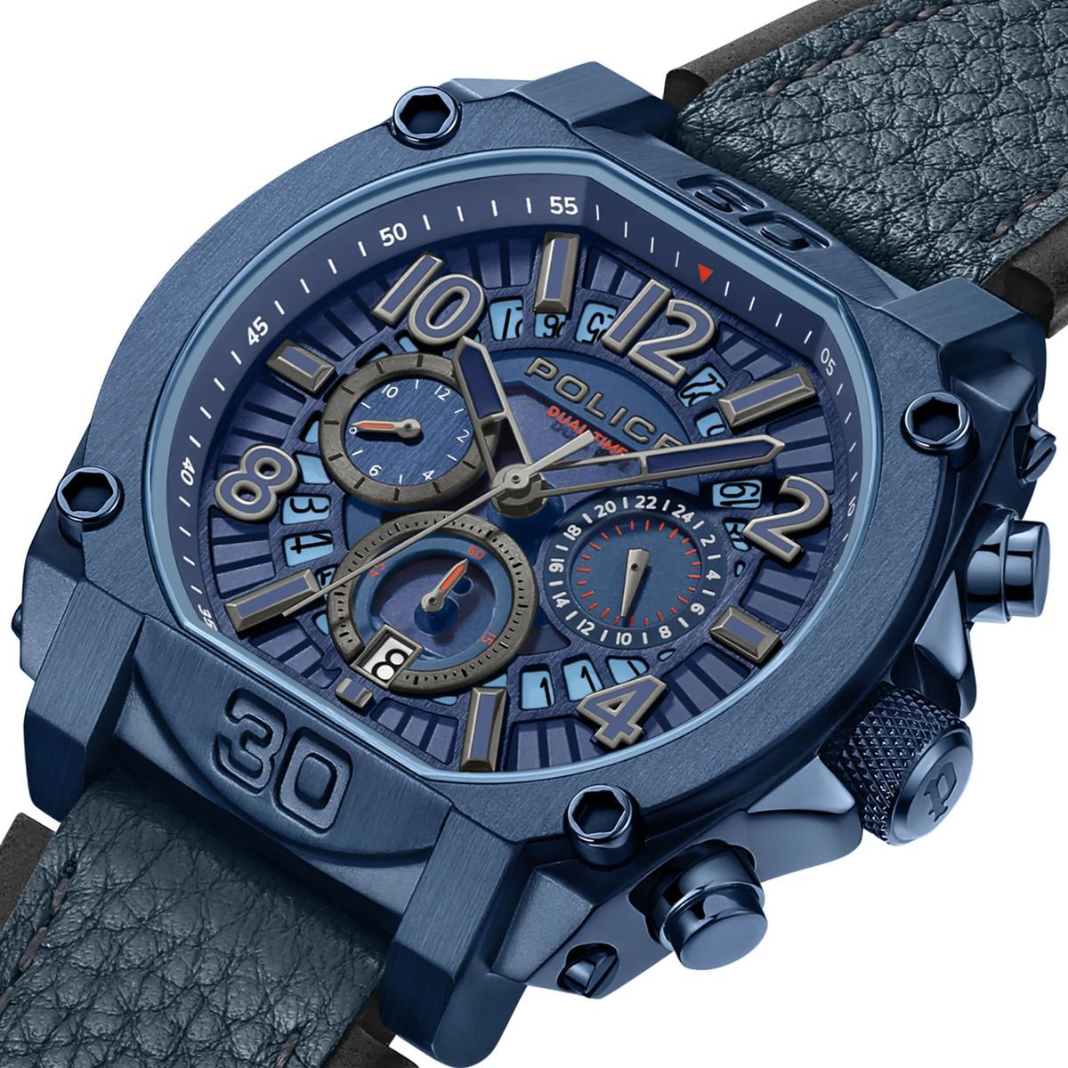 Blaue Chronograph Uhr mit Lederarmband