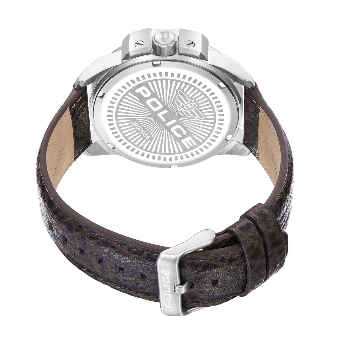 Silberfarbene Analoguhr mit braunem Lederarmband
