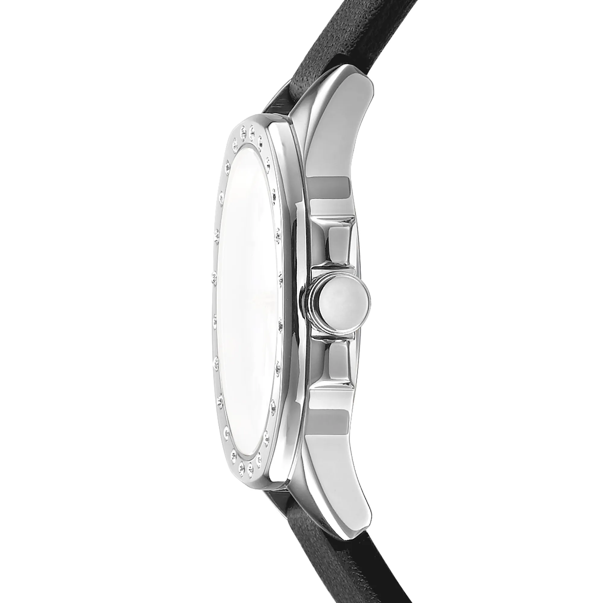 Silberfarbene Uhr mit schwarzem Lederarmband