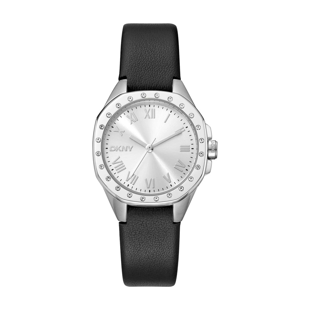 Silberfarbene Uhr mit schwarzem Lederarmband