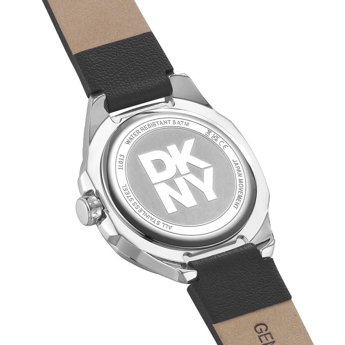 Silberfarbene Uhr mit schwarzem Lederarmband