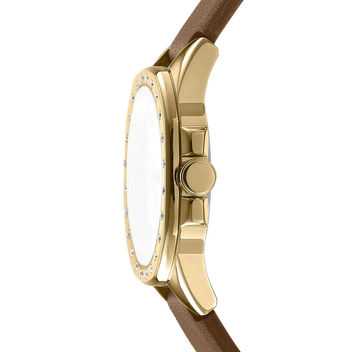 Goldfarbene Uhr mit braunem Armband