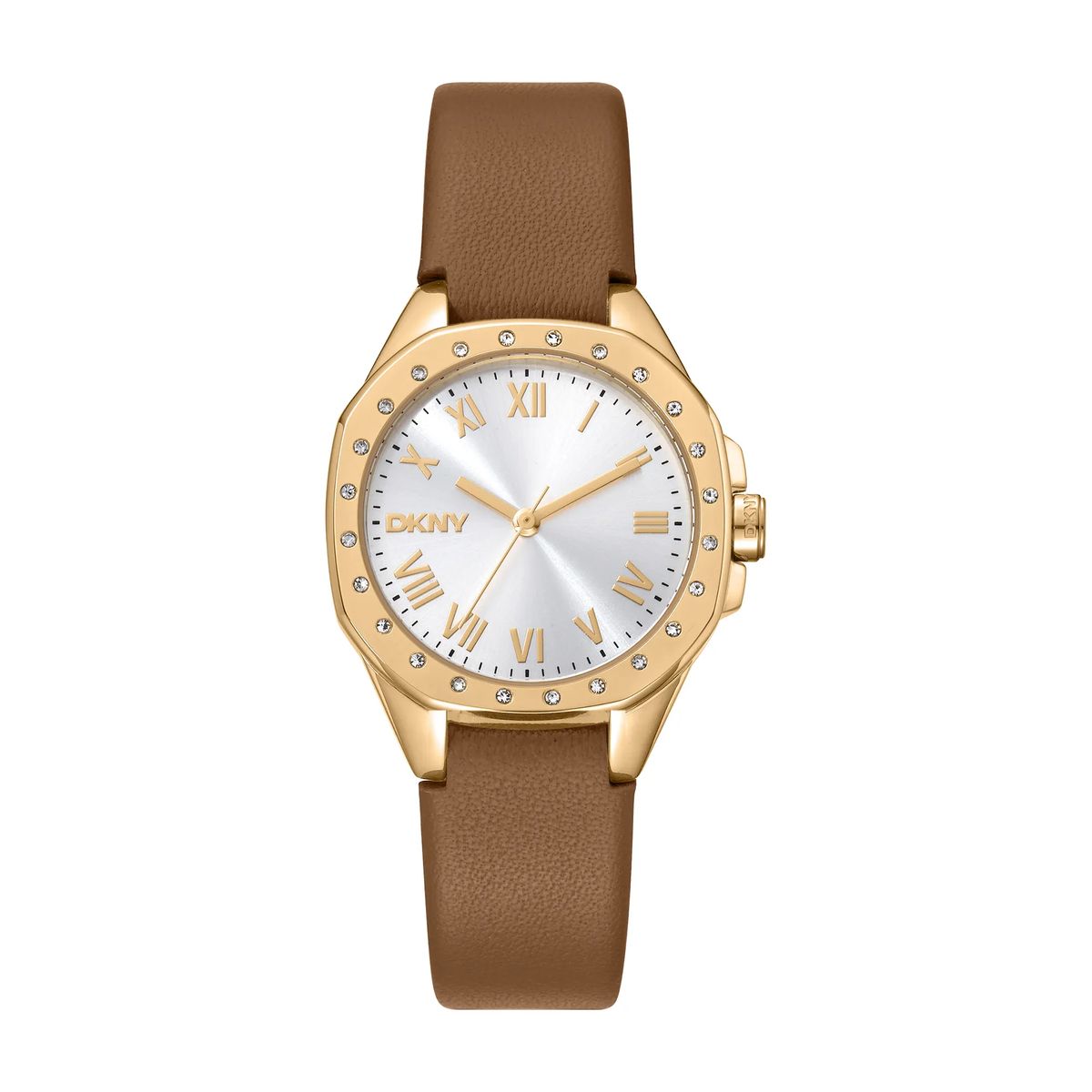 Goldfarbene Uhr mit braunem Armband