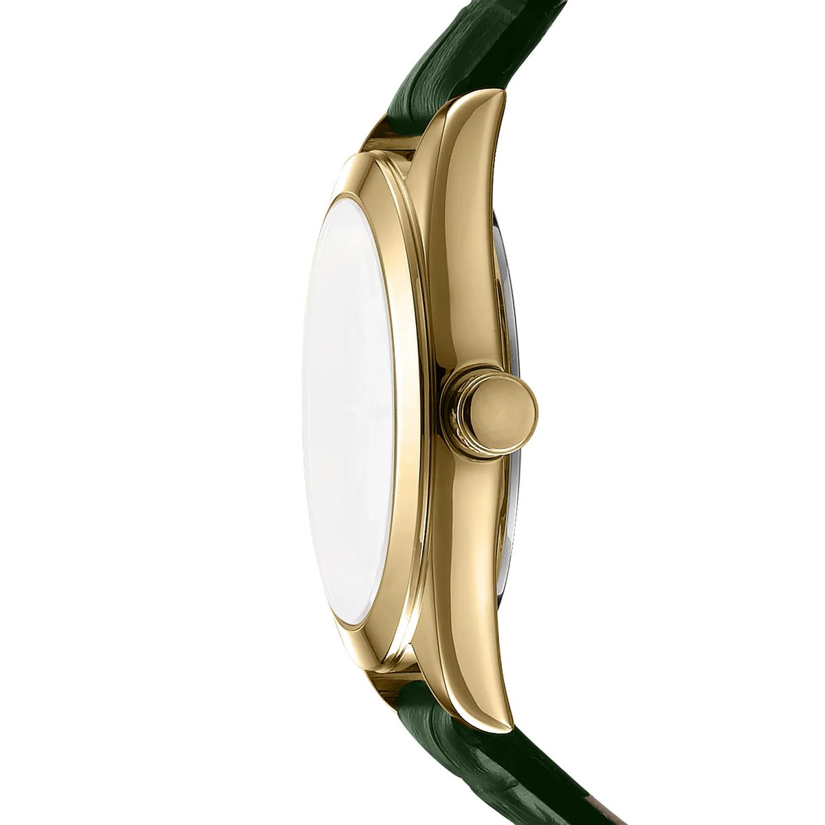 Goldfarbene Uhr mit grünem Lederarmband