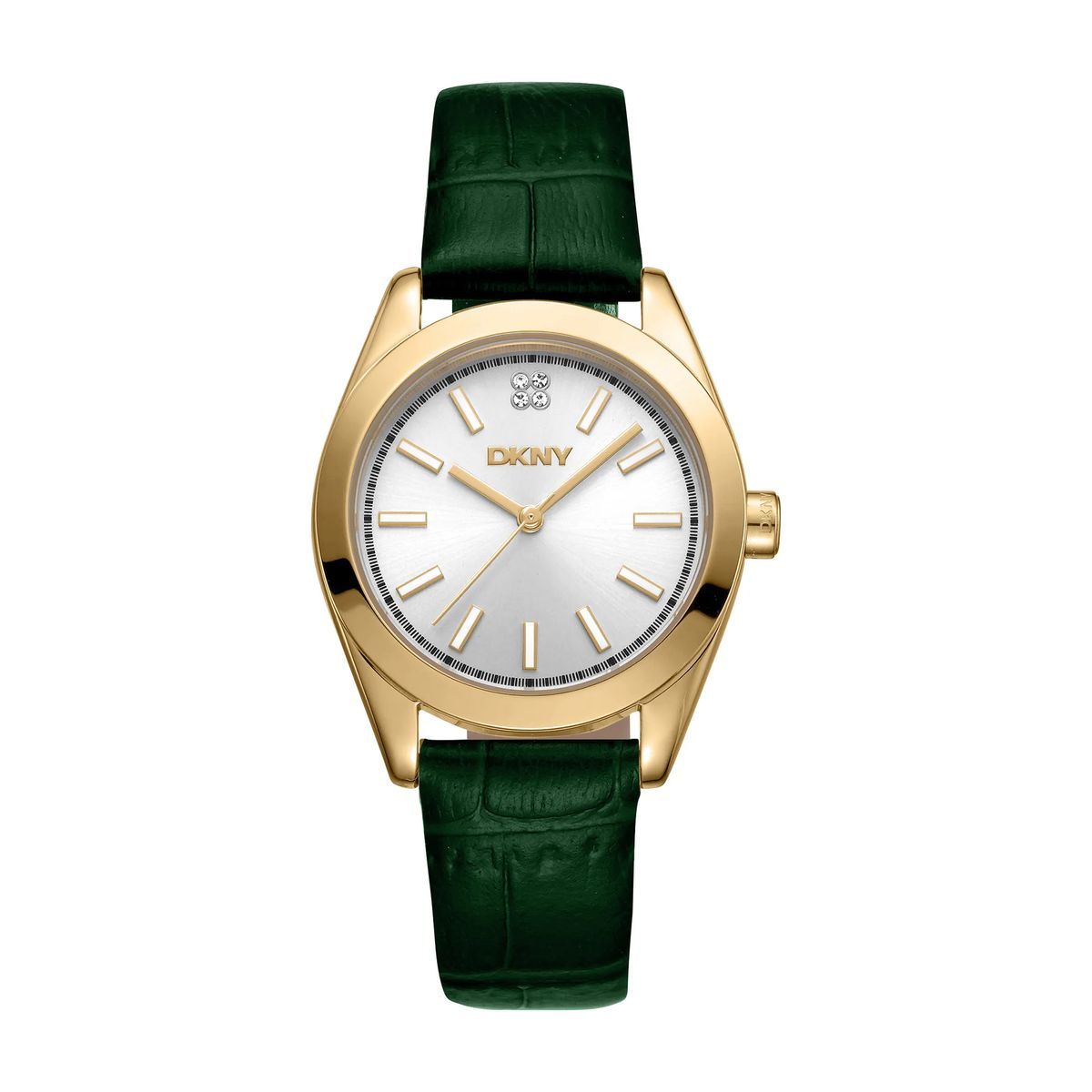Goldfarbene Uhr mit grünem Lederarmband