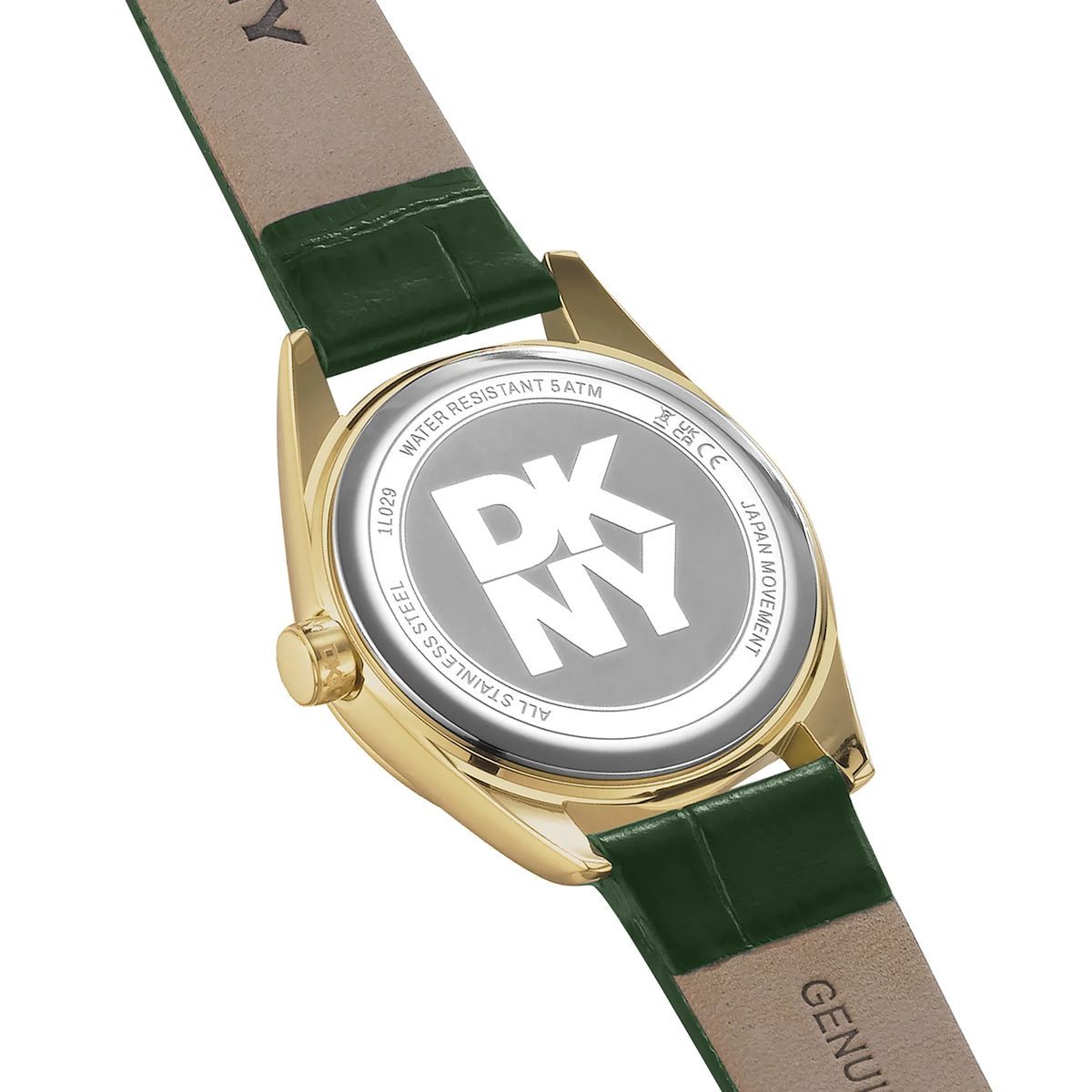 Goldfarbene Uhr mit grünem Lederarmband