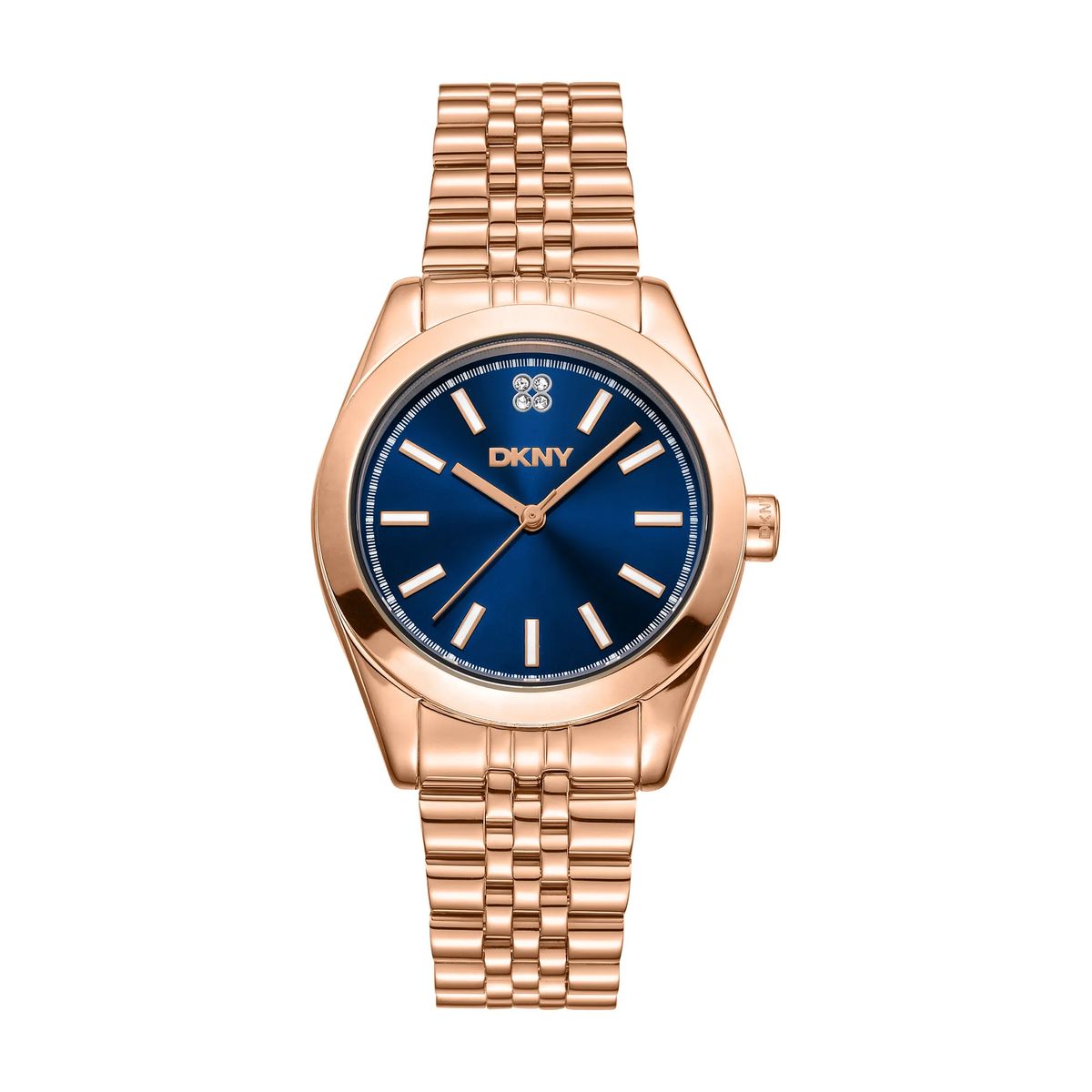 Roségoldfarbene Uhr mit blauem Zifferblatt