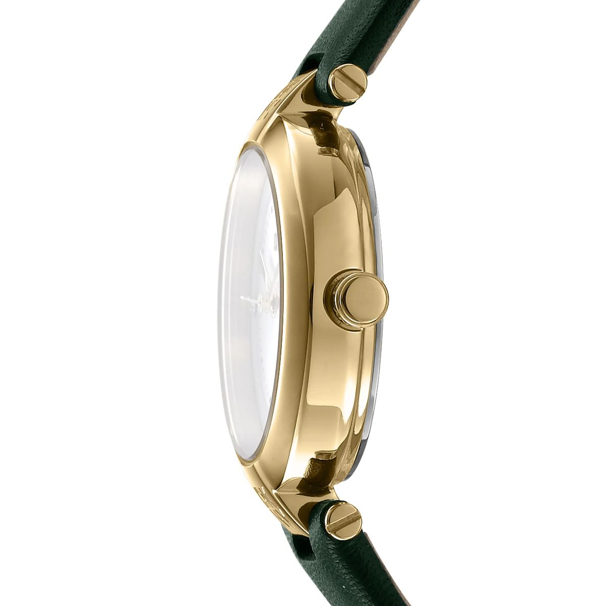Goldfarbene Damenuhr mit grünem Lederarmband