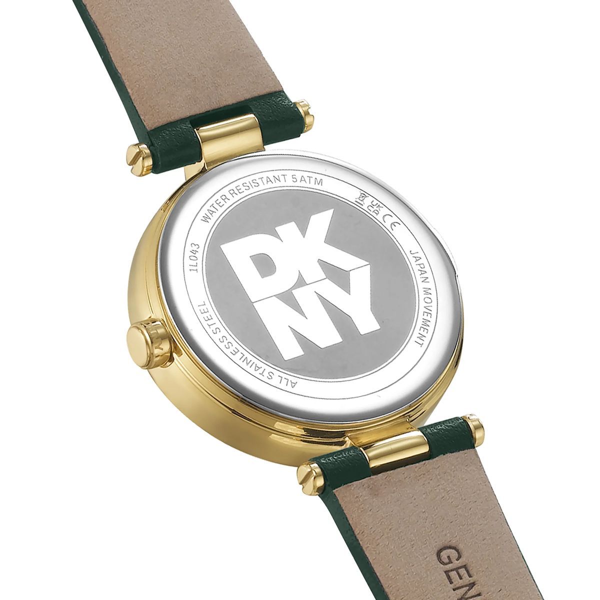 Goldfarbene Damenuhr mit grünem Lederarmband