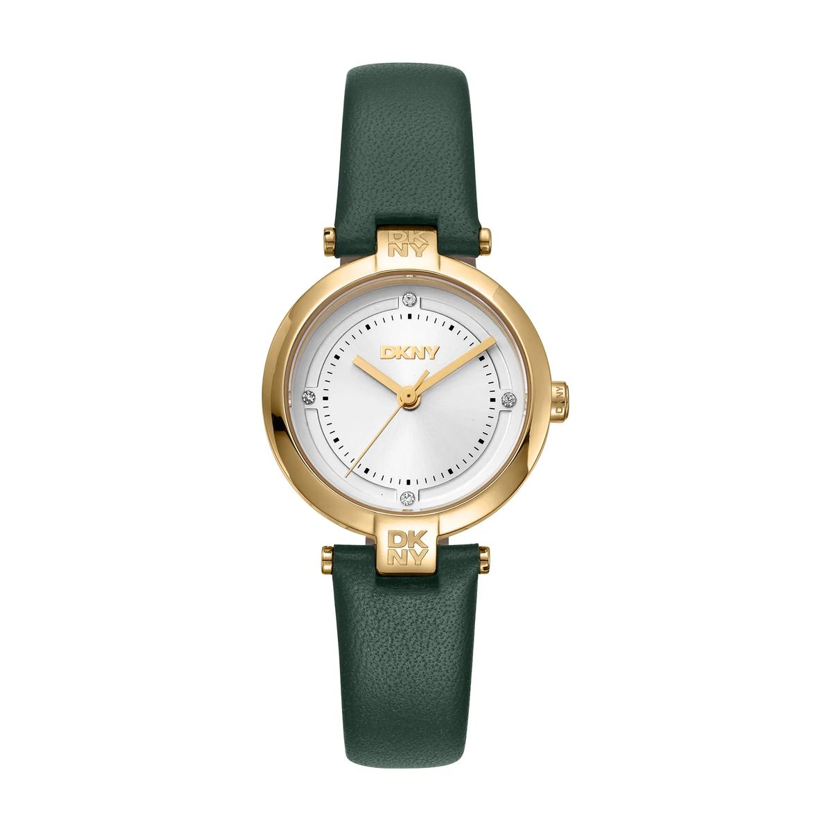 Goldfarbene Damenuhr mit grünem Lederarmband