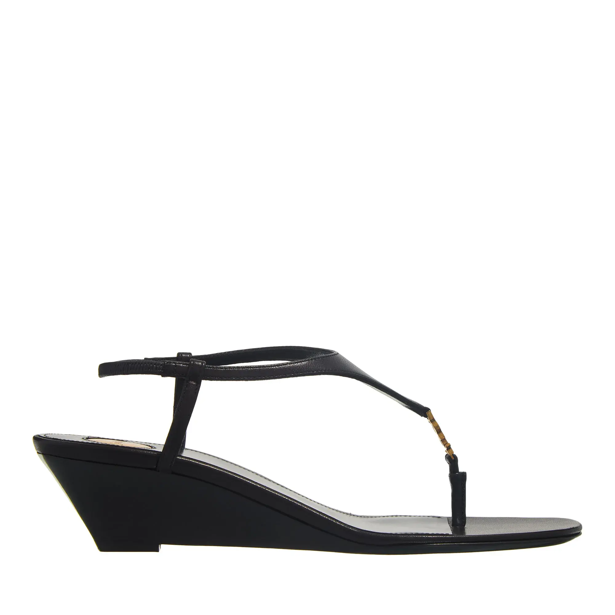 Schwarze Leder Keil Zehensteg Sandalen