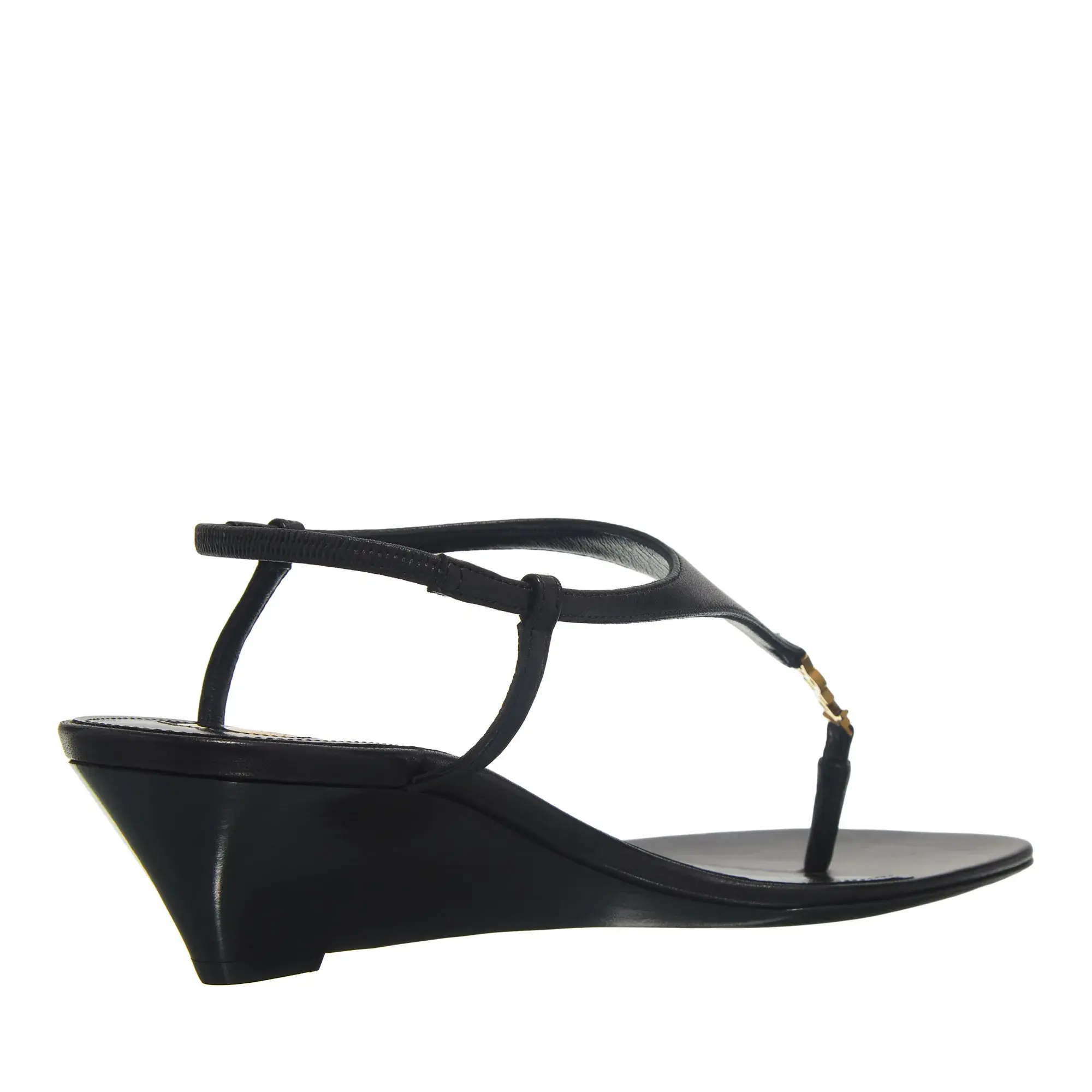 Schwarze Leder Keil Zehensteg Sandalen