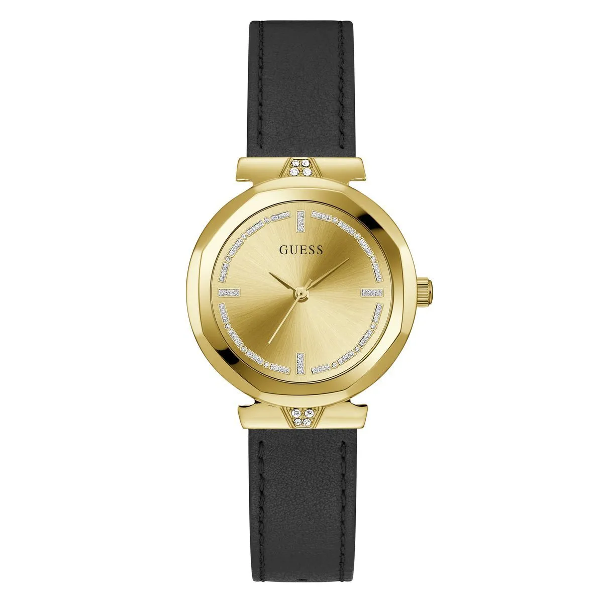 Goldfarbene Damenuhr mit schwarzem Lederarmband