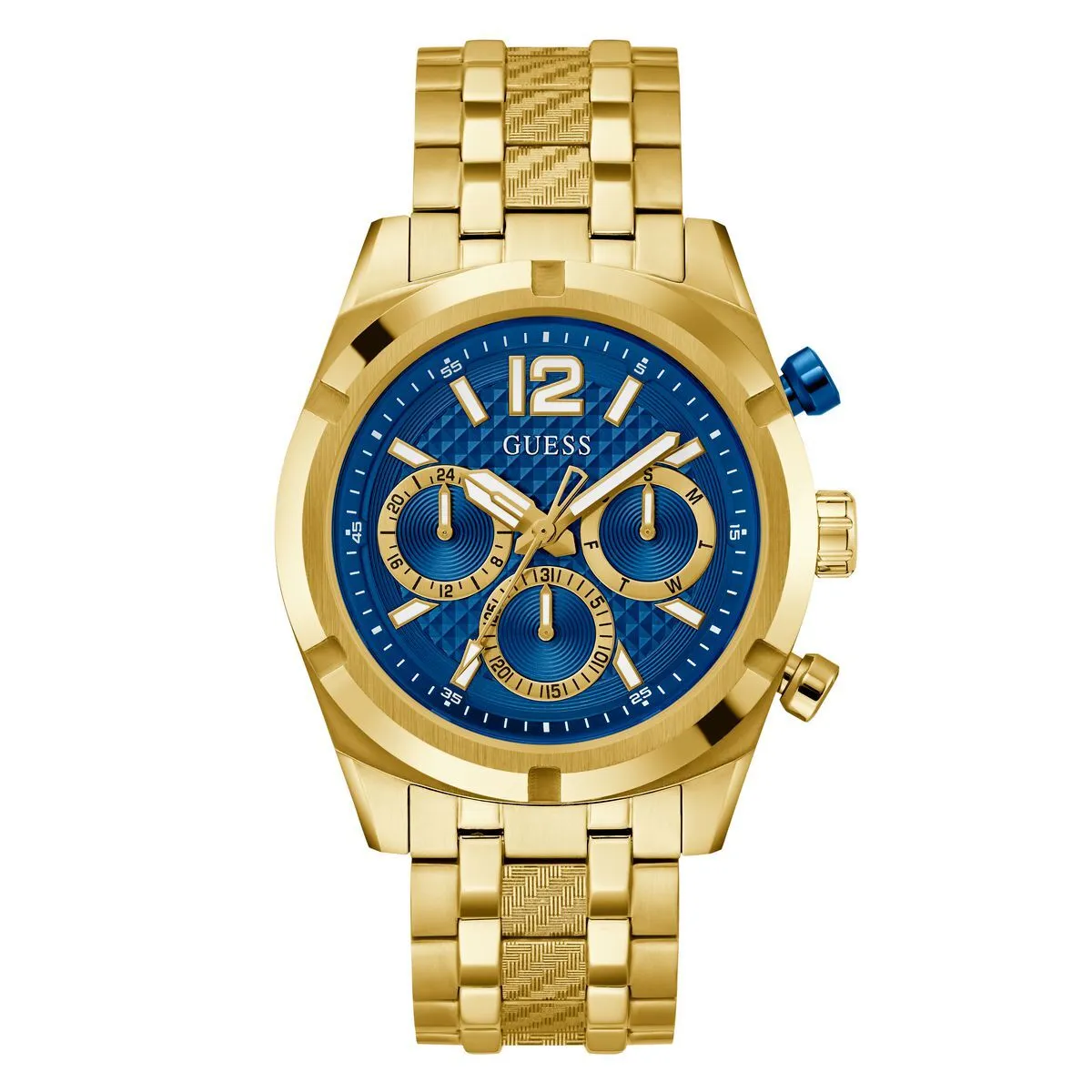Goldfarbene Multifunktions-Armbanduhr mit blauem Zifferblatt
