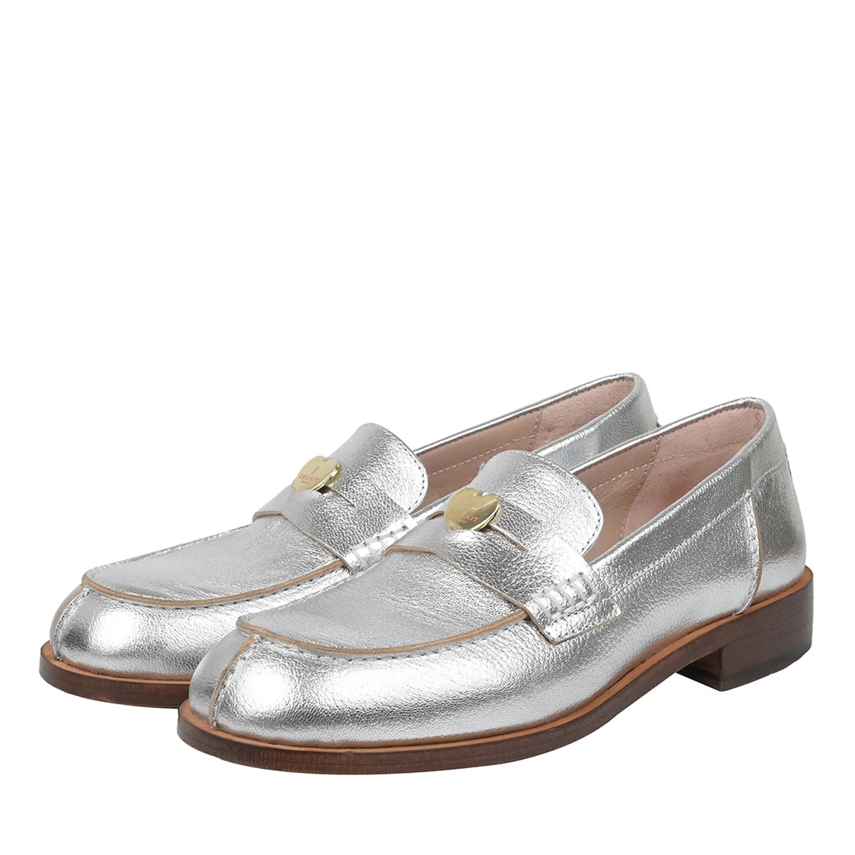 Silberner Leder Penny Loafer mit Herz