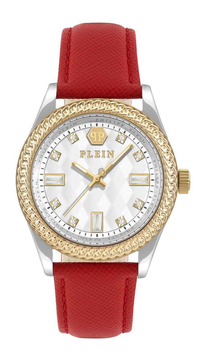 Goldfarbene Uhr mit rotem Lederband