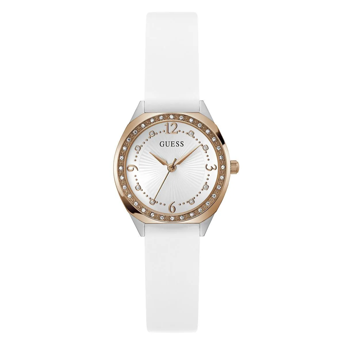 Elegante Uhr mit Kristalllünette und weißem Armband