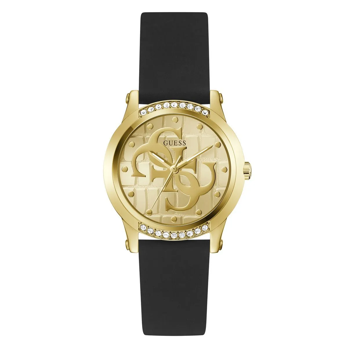 Goldfarbene Uhr mit schwarzem Silikonarmband